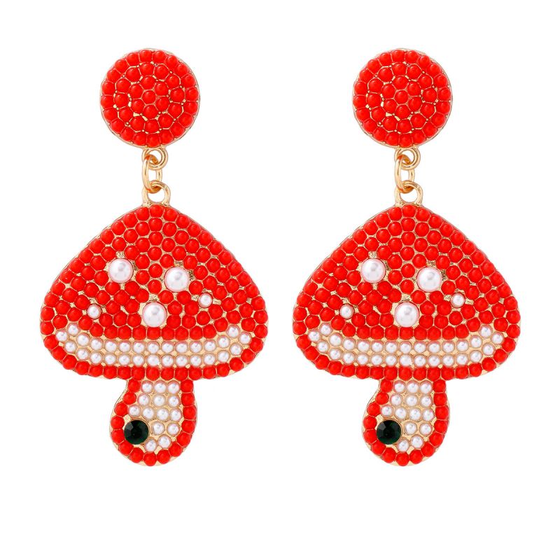 Fashion Red Alloy Rice Bead Mushroom Earrings