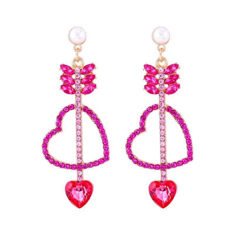 Fashion Pink Alloy Diamond Heart Arrow Earrings