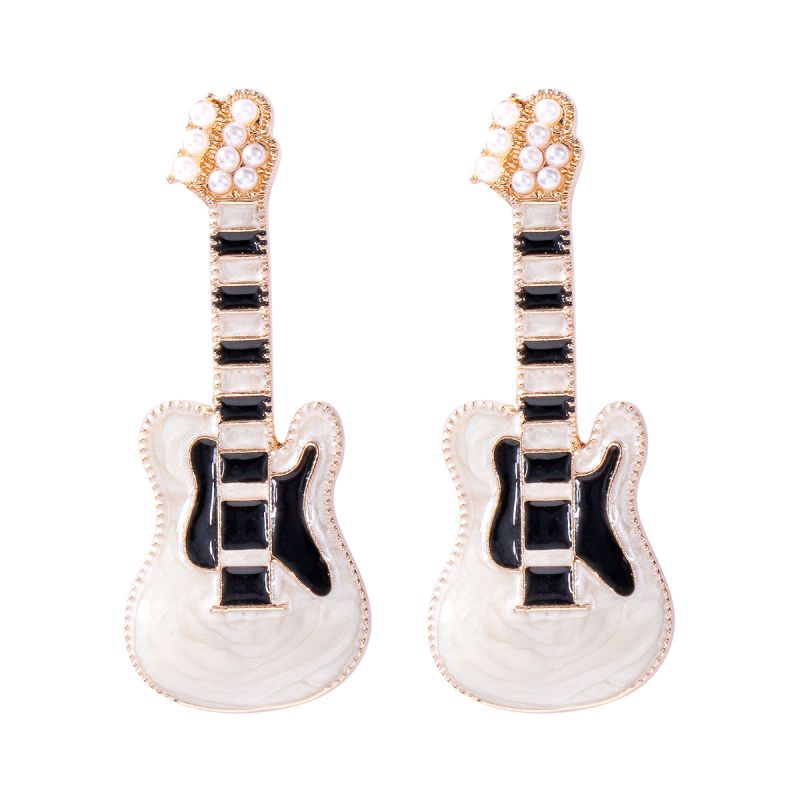 Fashion Black Geometric Oil-drip Guitar Stud Earrings With Pearls