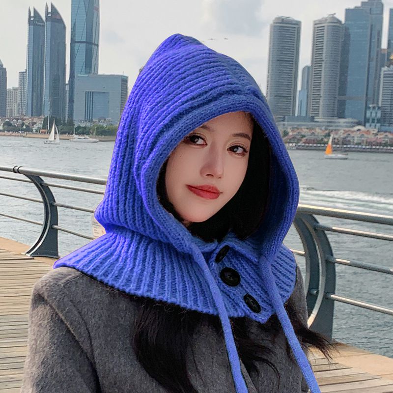 Fashion Blue Acrylic Knitted Button-down Scarf Integrated Hood