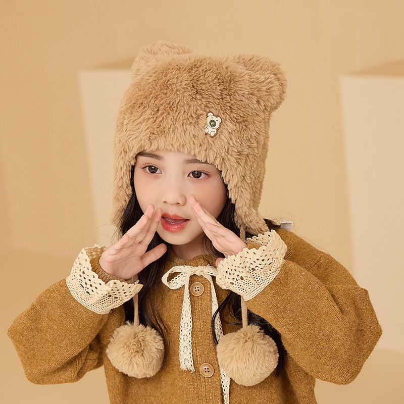 Fashion Khaki Polyester Knitted Bear Children's Ear Protective Hood