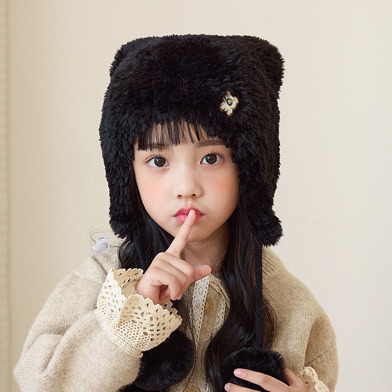 Fashion Black Polyester Knitted Bear Children's Ear Protective Hood