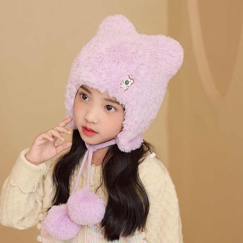 Fashion Purple Polyester Knitted Bear Children's Ear Protective Hood