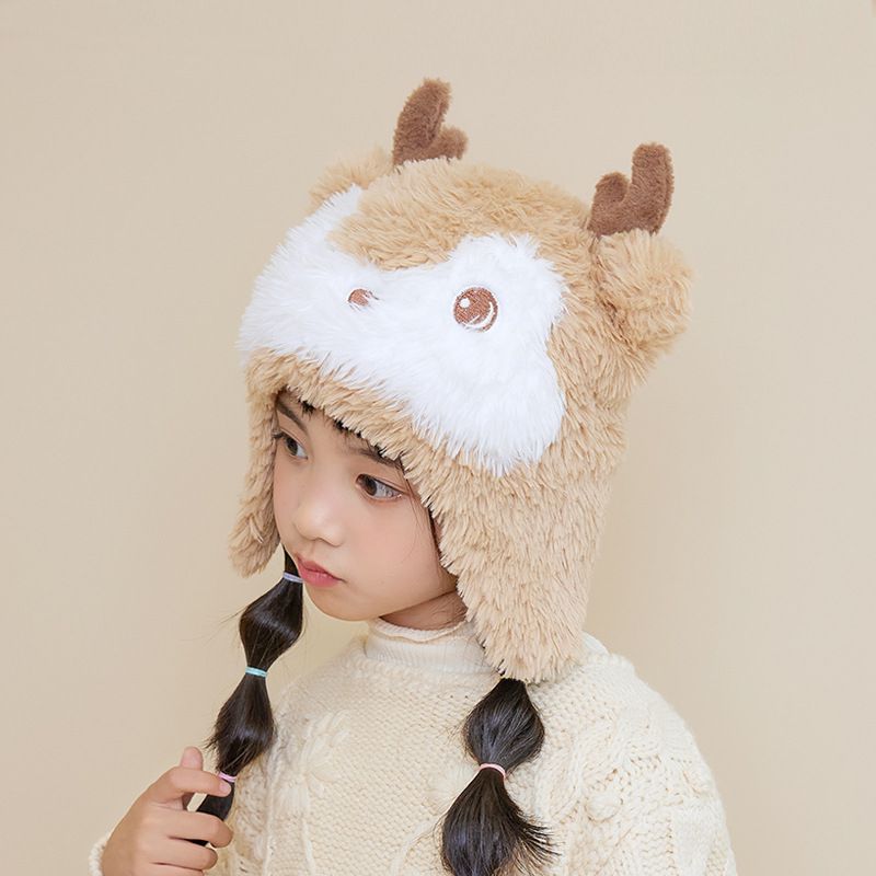 Fashion Khaki Children's Antler Knitted Plush Pullover Hat