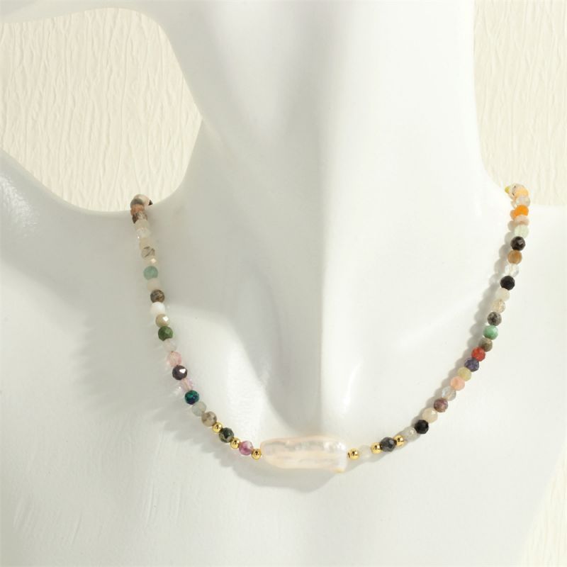 Fashion Mixed Stone Baroque Shaped Pearl Necklace Mixed Color Beaded Necklace