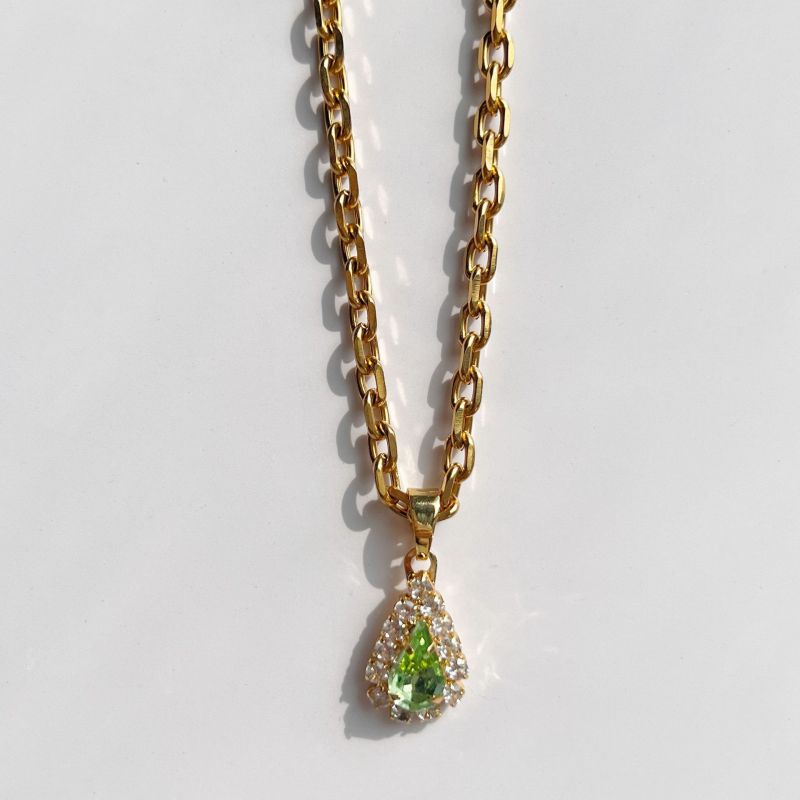 Fashion Grass Green Metal Diamond Drop-shaped Necklace