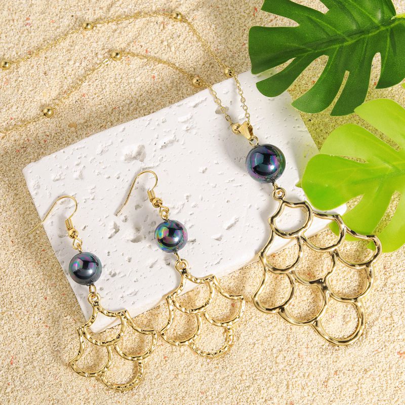 Fashion Gold Alloy Geometric Pearl Fish Scale Earrings And Necklace Set