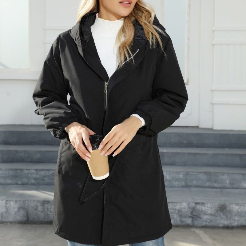 Fashion Black Large Size Hooded Fleece Mid-length Jacket
