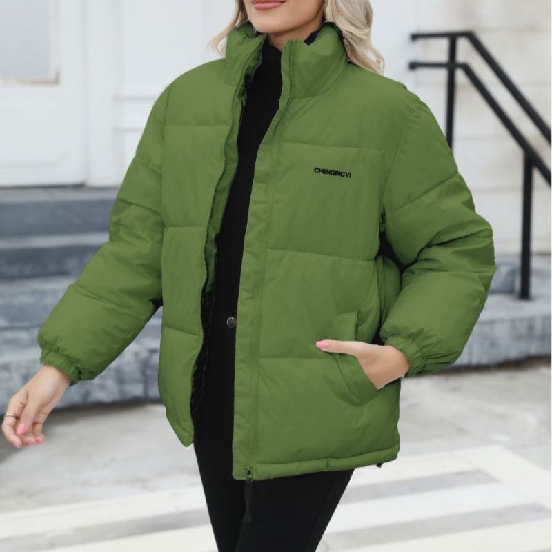 Fashion Green Polyester Stand Collar Cotton Jacket