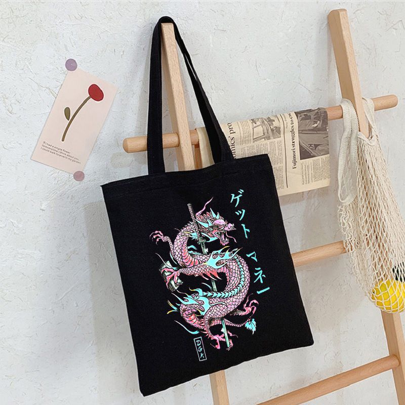 Fashion D Black Canvas Print Dragon Large Capacity Shoulder Bag