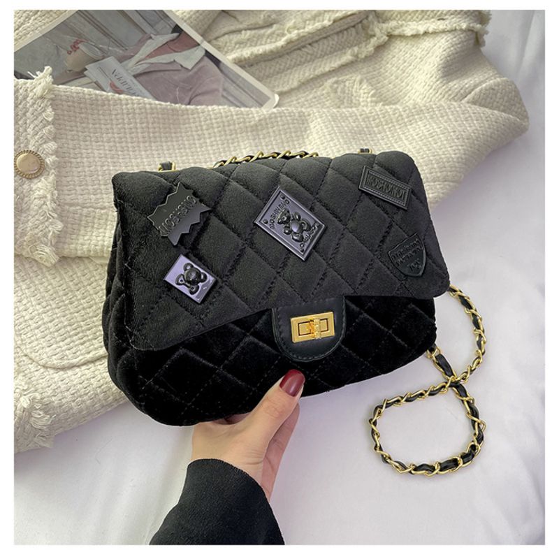 Fashion Black Velvet Diamond Chain Shoulder Crossbody Bag