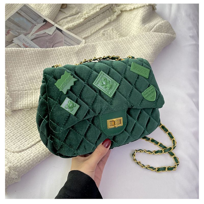 Fashion Green Velvet Diamond Chain Shoulder Crossbody Bag
