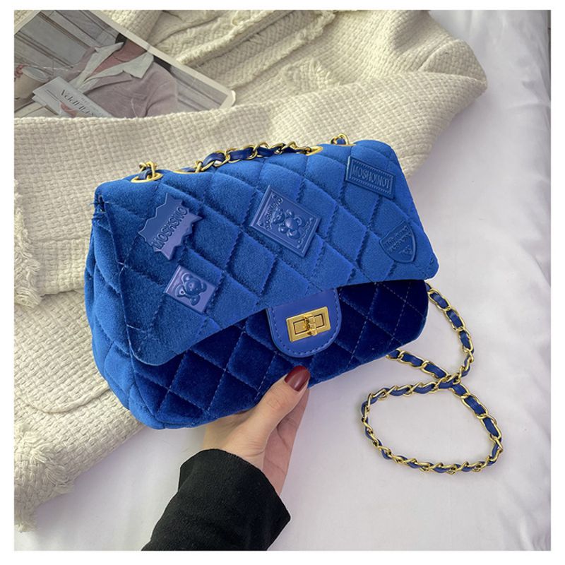 Fashion Blue Velvet Diamond Chain Shoulder Crossbody Bag