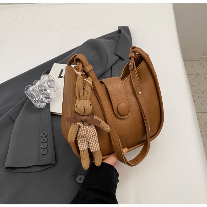 Fashion Brown Pu Rabbit Pendant Shoulder Bag