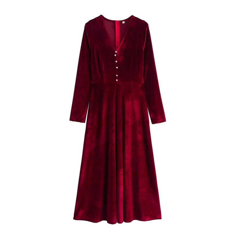 Fashion Wine Red Velvet V-neck Long-sleeved Dress