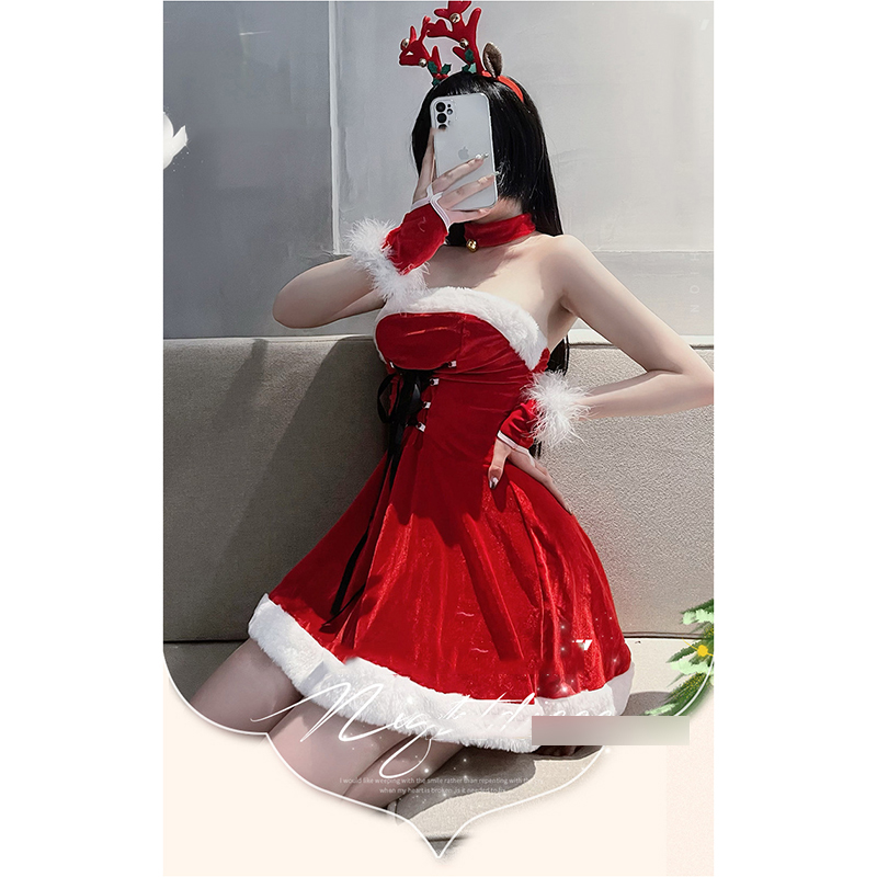 Fashion Red + Headband Polyester Lace-up Christmas Mini Dress Set