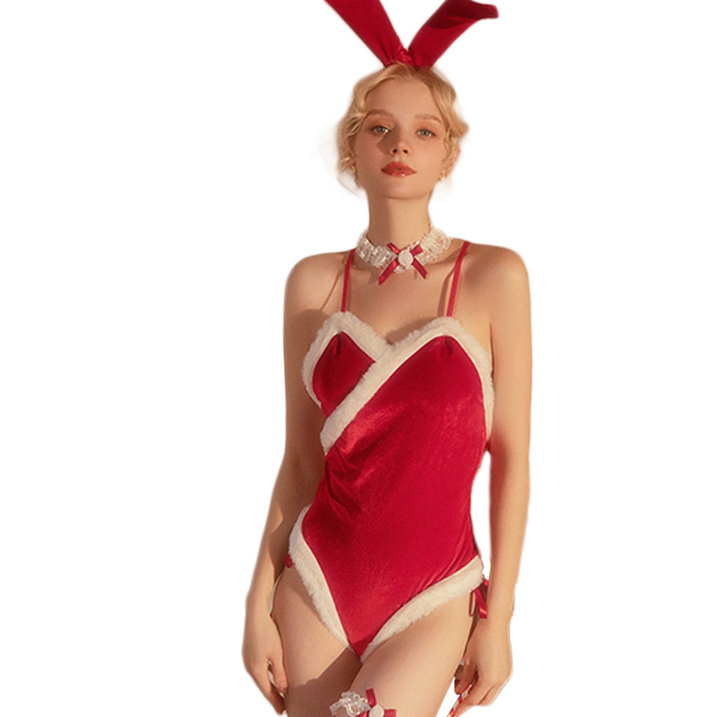 Fashion Red Polyester Plush One-piece Christmas Suit