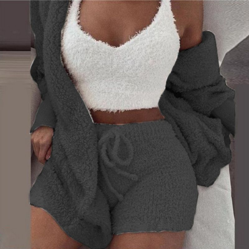 Fashion Dark Gray Plush Pajamas Long Sleeve Tank Top Shorts Three Piece Set