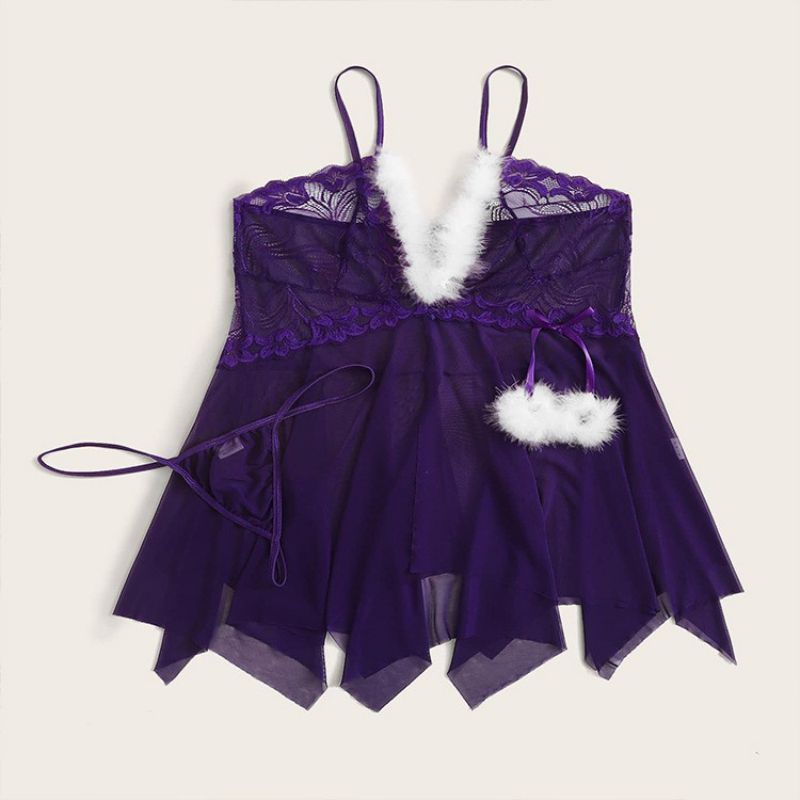Fashion Purple Large Size Mesh Plush See-through Suspender Christmas Outfit