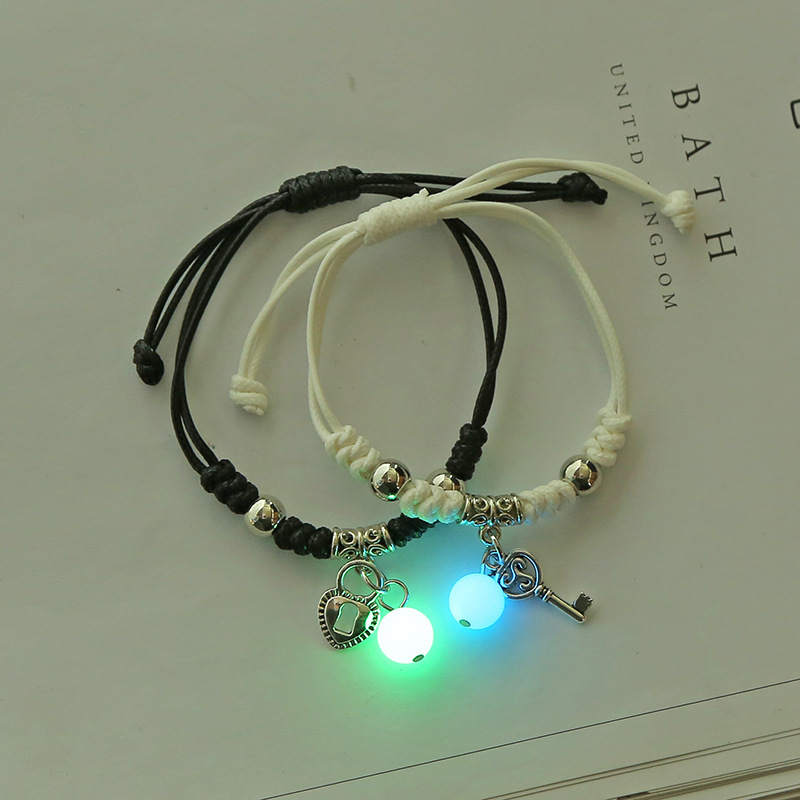 Fashion Lock+key Alloy Pair Of Black And White Rope Men's Luminous Bracelet