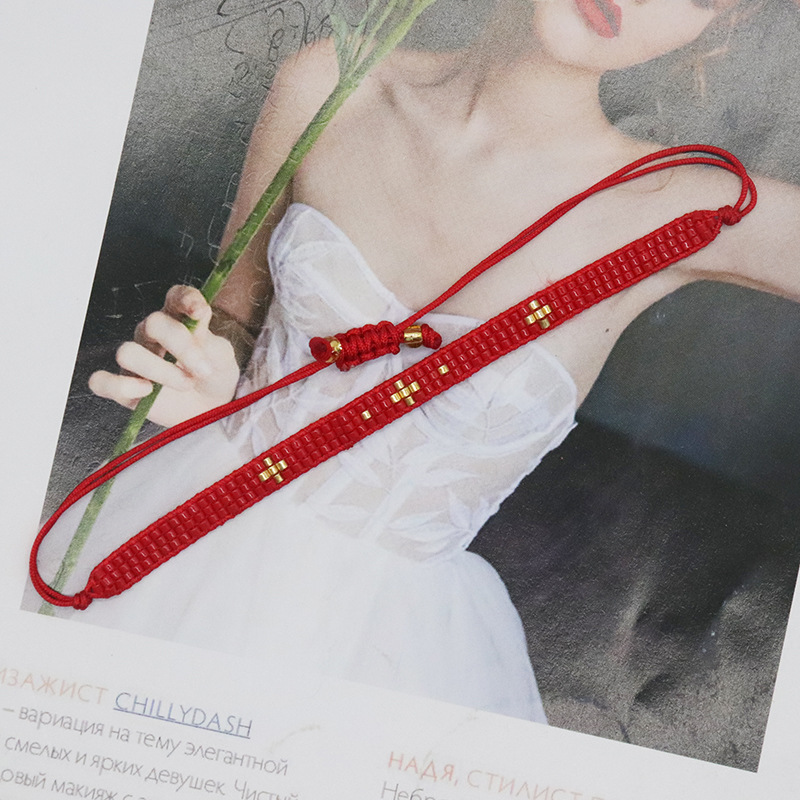 Fashion Red Rice Beads Cross Braided Bracelet