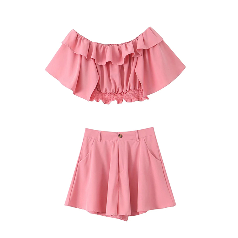 Fashion Pink Polyester One-shoulder Top And Shorts Set