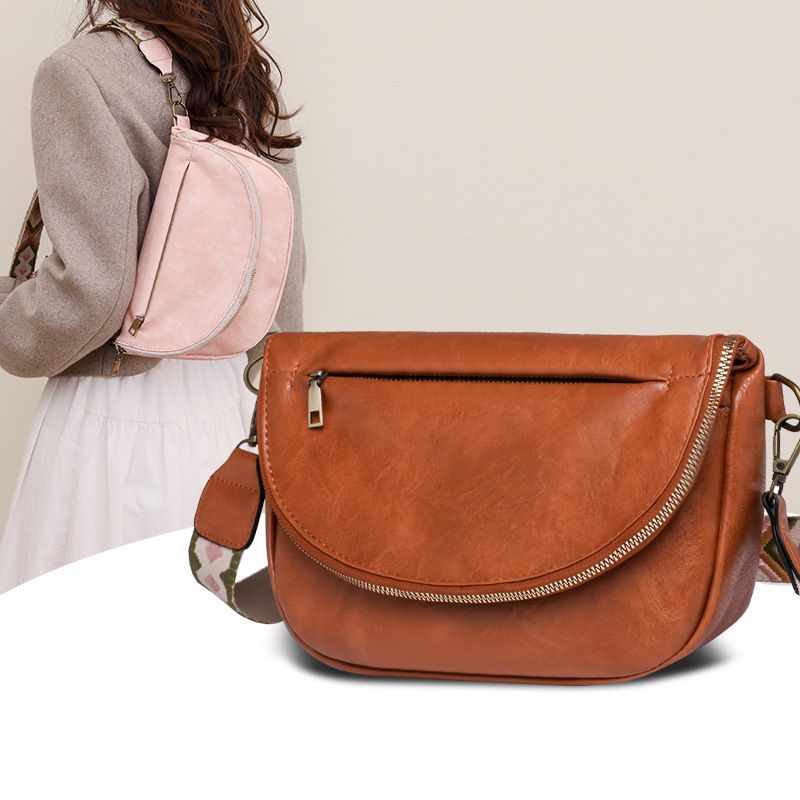 Fashion Brown Pu Zipper Shoulder Chest Bag