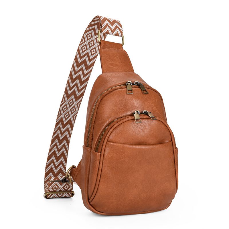 Fashion Brown Pu Zipper Wide Shoulder Strap Crossbody Bag