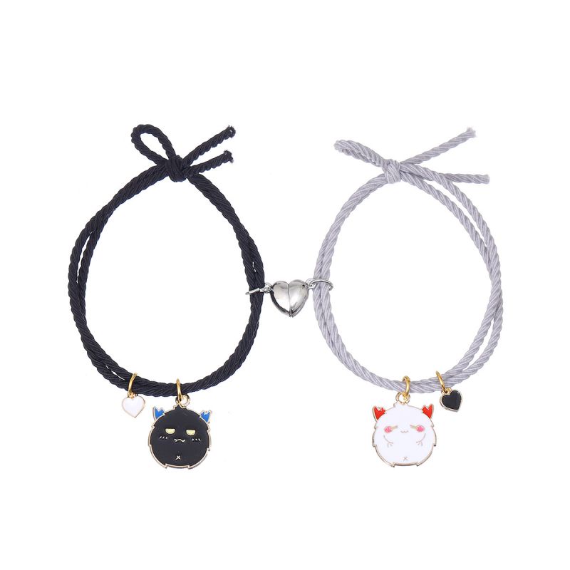 Fashion Love Magnet Black Pink Little Devil Elastic Rope Black And Gray Pair A Pair Of Metal Oil Dripping Devil Magnetic Love Bracelets