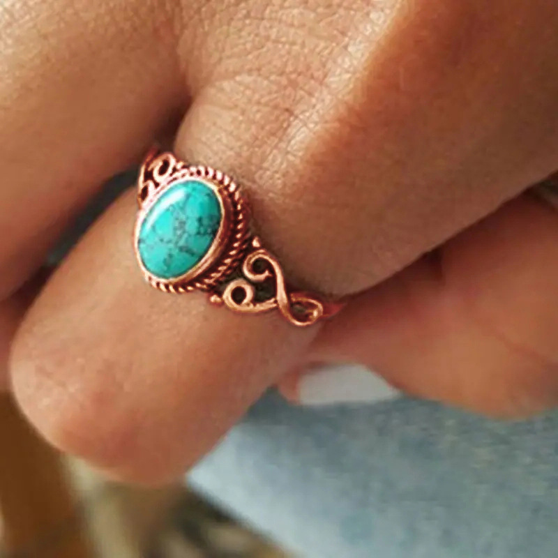 Fashion Rose Gold Copper Set Blue Pine Hollow Ring