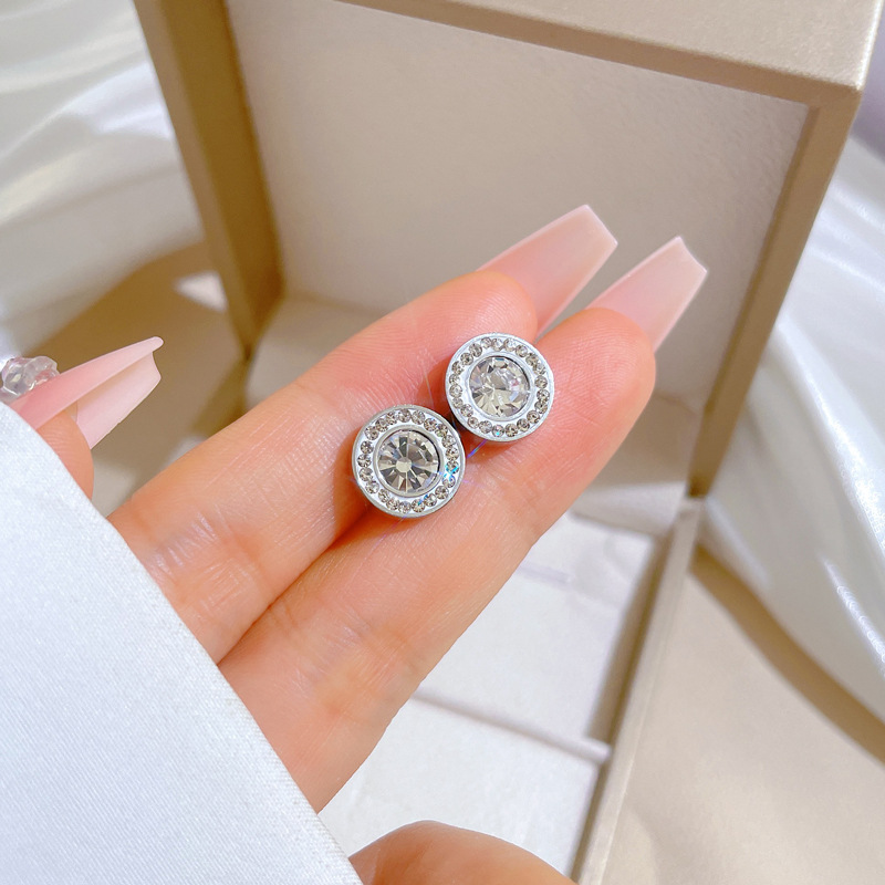 Fashion 32# Titanium Steel Diamond Round Stud Earrings