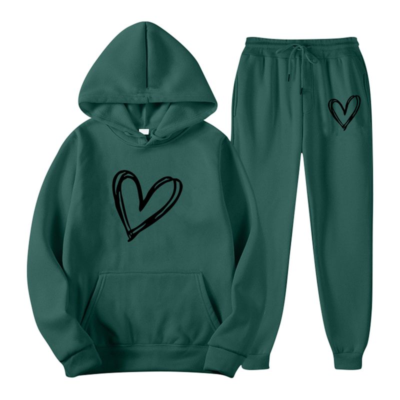 Fashion Dark Green Suit 2 Polyester Printed Hooded Sweatshirt Lace-up Trousers Track Suit