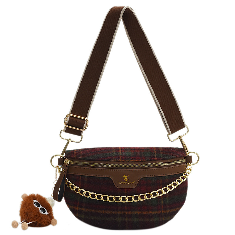 Fashion Woolen Coffee Color (with Pendant) Plaid Large Capacity Crossbody Bag