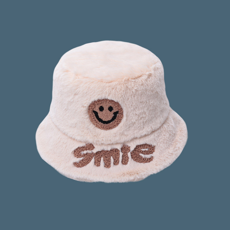 Fashion Beige Plush Smiley Letter Print Bucket Hat