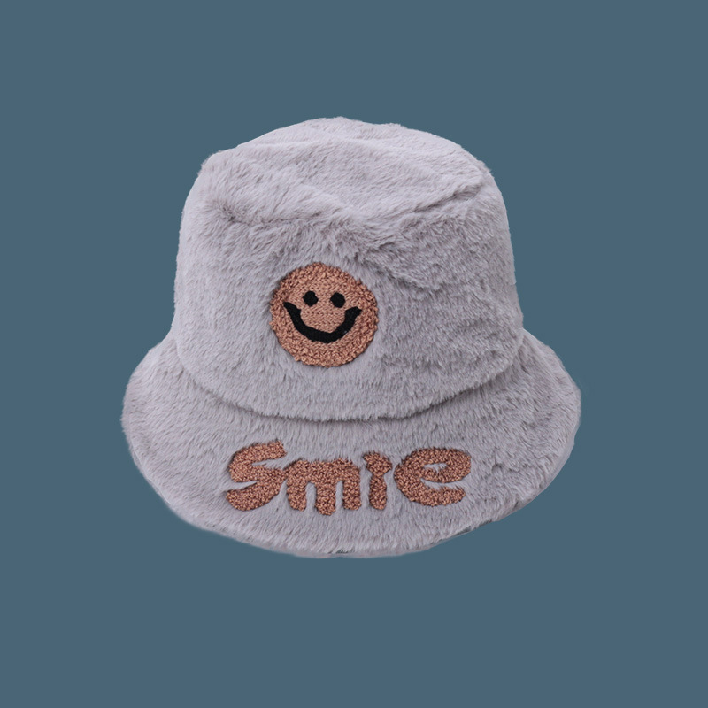 Fashion Grey Plush Smiley Letter Print Bucket Hat
