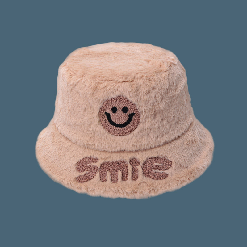 Fashion Khaki Plush Smiley Letter Print Bucket Hat