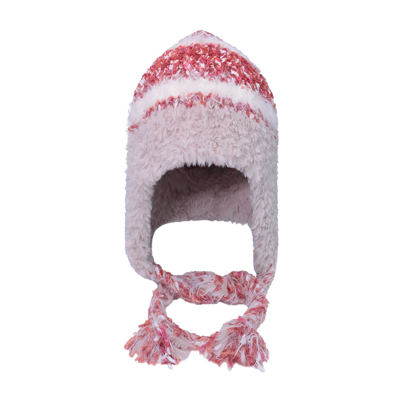 Fashion Red Knitted Plush Ear Protection Color Block Pullover Hat