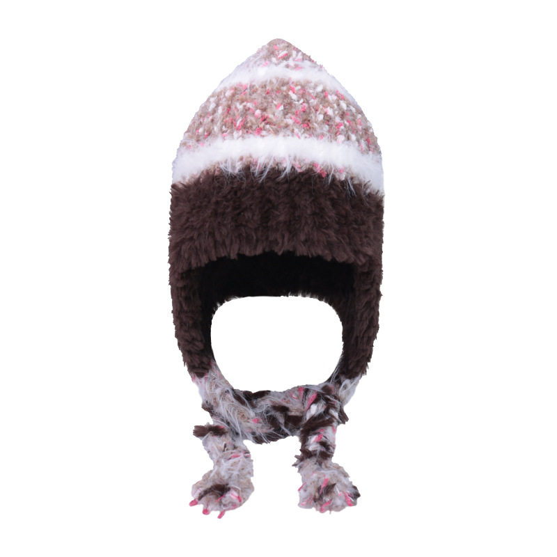 Fashion Coffee Color Knitted Plush Ear Protection Color Block Pullover Hat