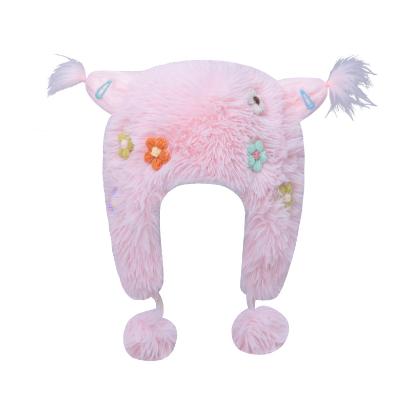 Fashion Pink Plush Flower Ear Protection Fur Ball Hood