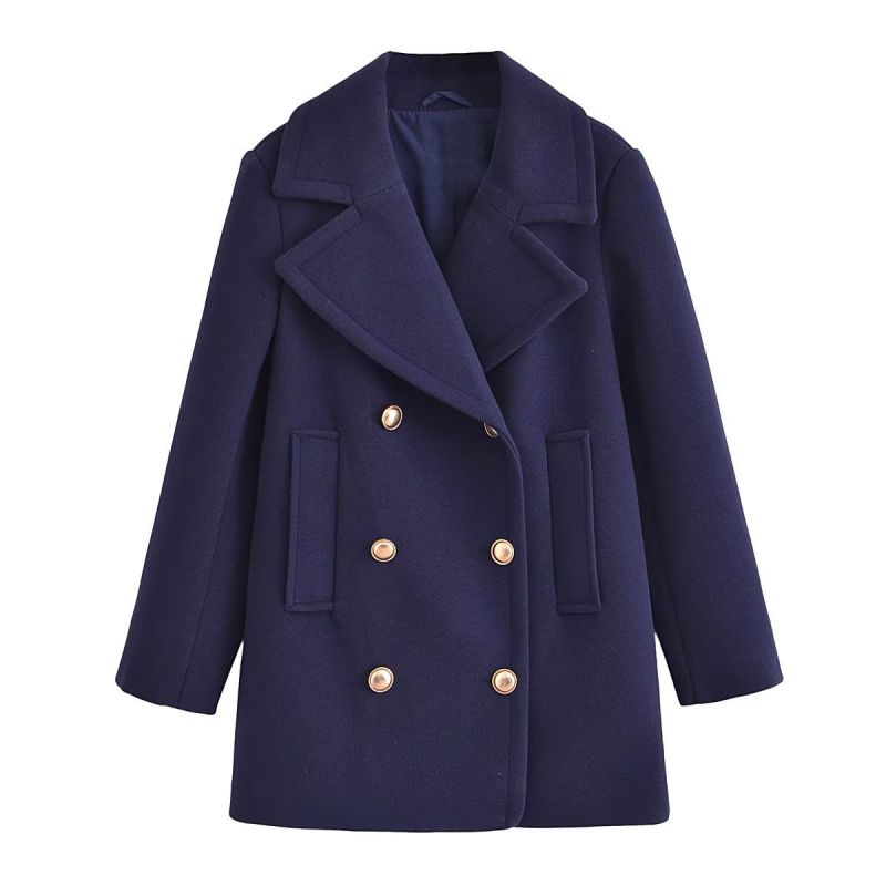 Fashion Blue Cotton Lapel Double-breasted Coat