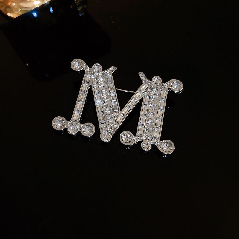 Fashion Brooch - Silver - Letter M Alloy Diamond Letter Brooch
