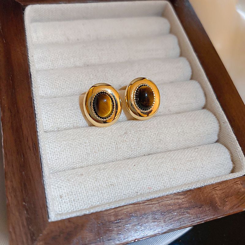 Fashion Gold-tiger Eye Stone Tiger Eye Oval Geometric Stud Earrings