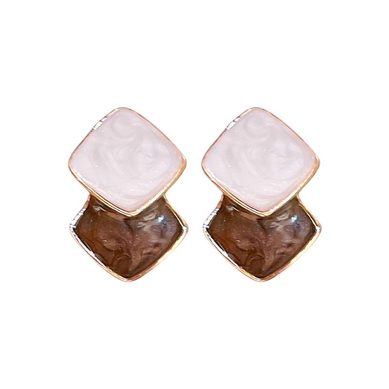 Fashion White-coffee Geometric Contrasting Oil Drop Stitching Rhombus Earrings