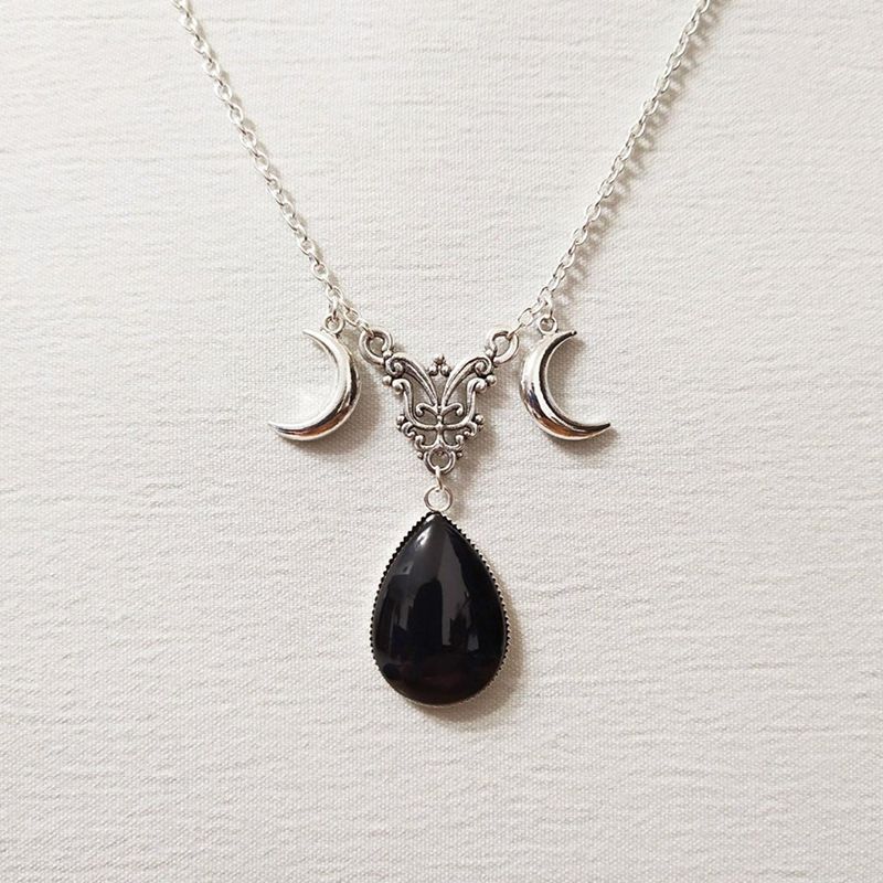 Fashion Black Alloy Geometric Drop Shape Moon Necklace