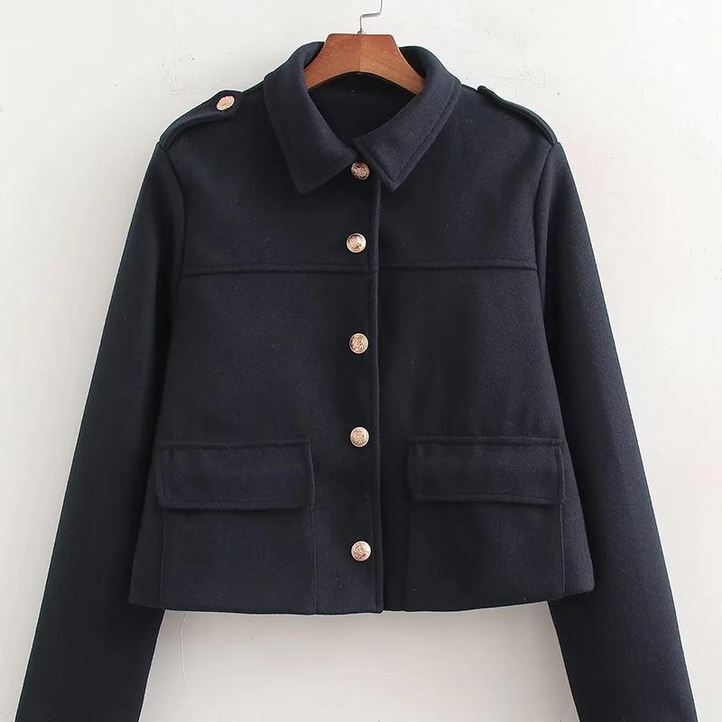 Fashion Navy Blue Polyester Buttoned Lapel Jacket