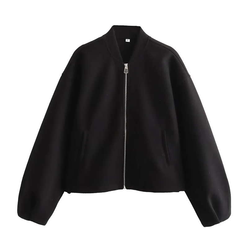 Fashion Black Polyester Zipper Stand Collar Jacket