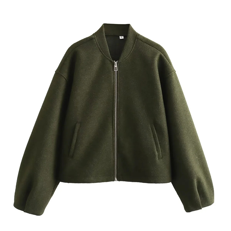 Fashion Army Green Polyester Zipper Stand Collar Jacket