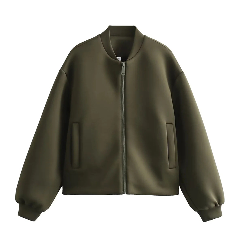 Fashion Armygreen Polyester Stand Collar Zipper Jacket