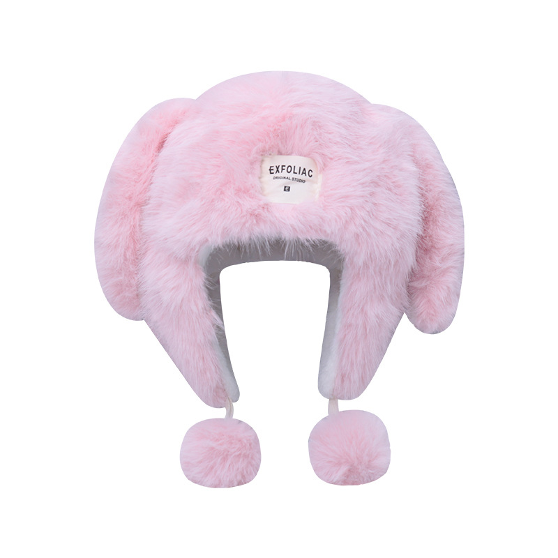 Fashion Pink Plush Long Ear Pom Pom Hat
