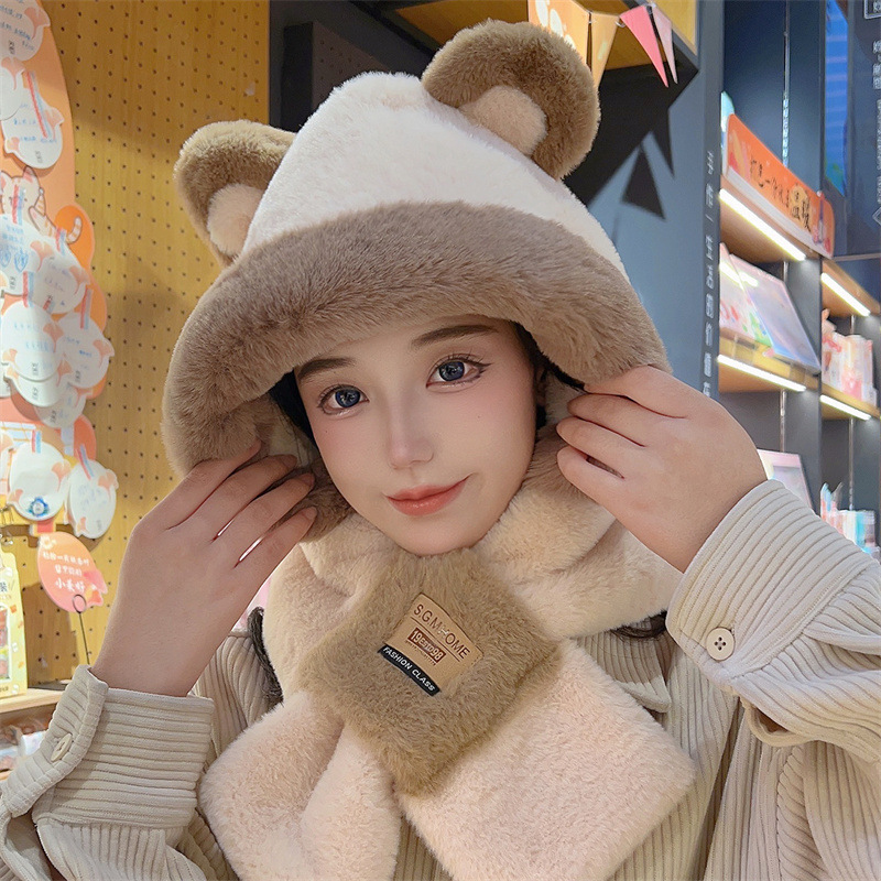 Fashion Bear Ears Beige Plush Bear Ears Crossed Scarf Integrated Hoodie